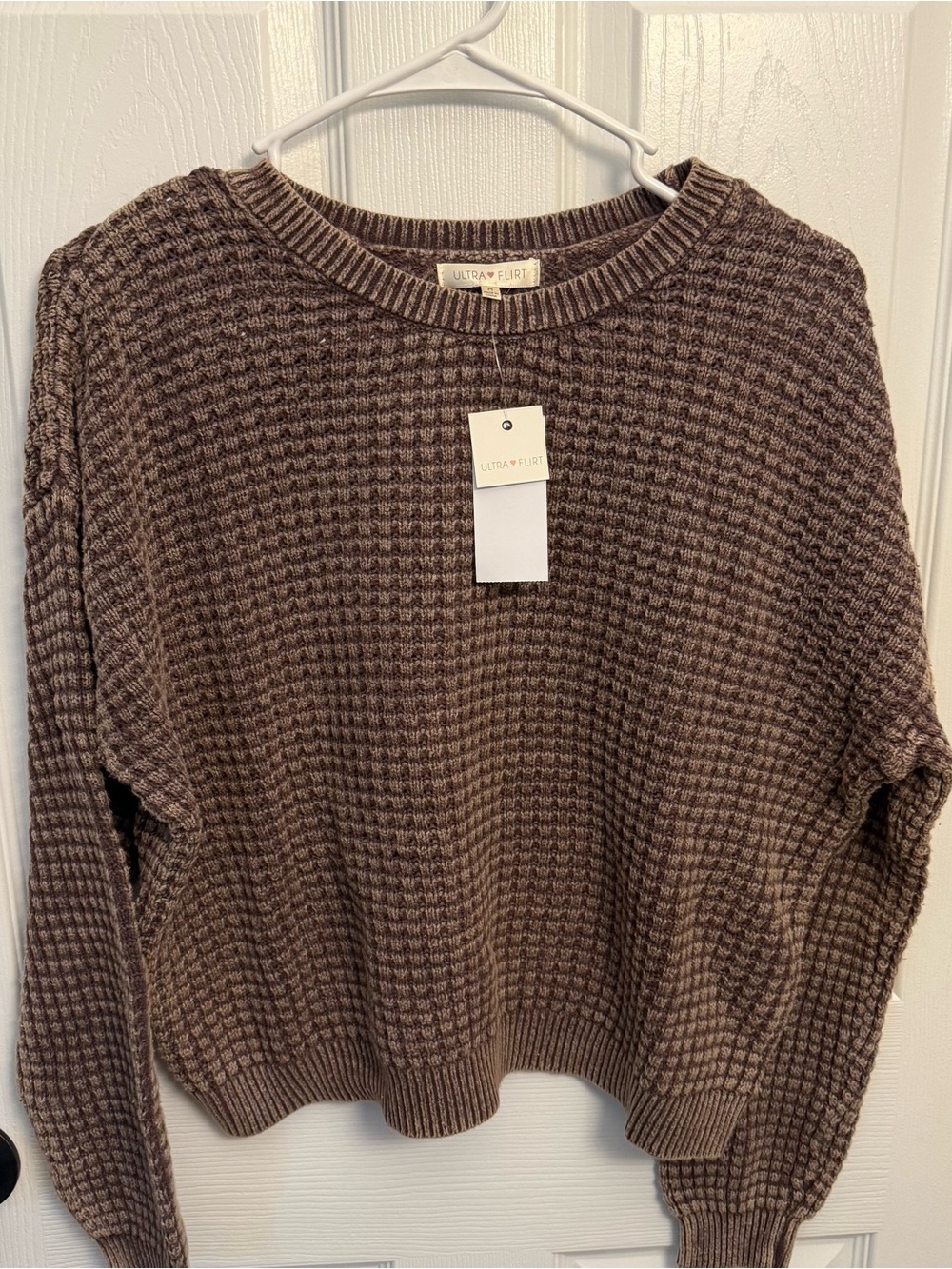 Ultra Flirt Brown Waffle Knit Cropped Sweater